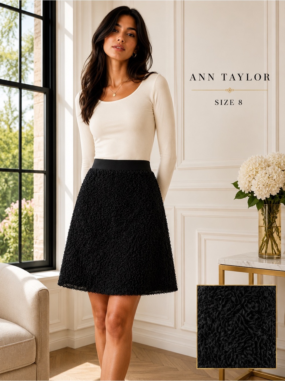 Ann Taylor Size 8 Black Textured Rosette A-Line Skirt